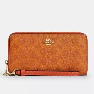 Coach Long Zip Around Wallet In Signature Canvas /Gold/Bright Canyon